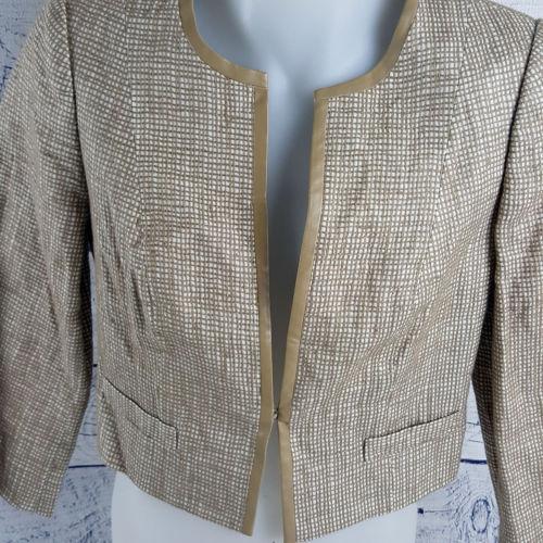 DAVID LAWRENCE Beige White 3/4 Sleeve Cropped Linen Women's Jacket - 1000 Things Australia