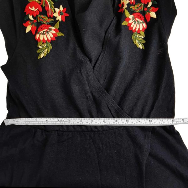 ZARA KNIT Navy Blue A-Line Women's Wrap Dress Embroidered Floral Red Deep V-Neck