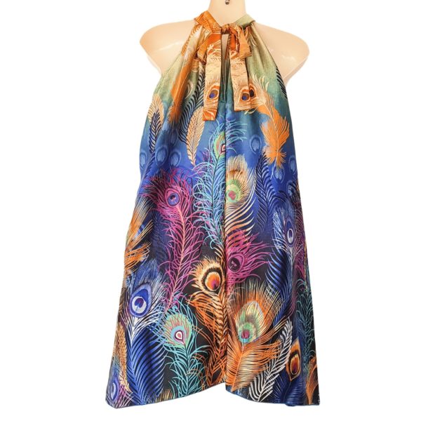 colourful peacock print satin halter dress 557044