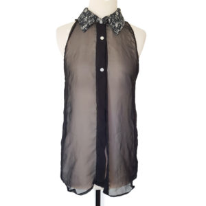 Casual Black See Through Sleeveless Button Front Collared Blouse Top XS-S 6-8