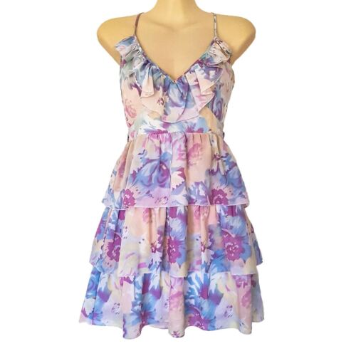 Bardot Floral Summer Dress Purple Pink Casual Boho Party Cocktail Size 8 Small