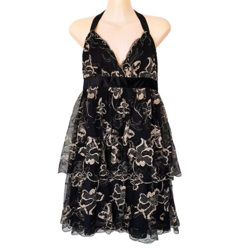 FOREVER NEW Sexy Cocktail Layered A-Line Black Gold Lace Mesh Dress Deep V-Neck
