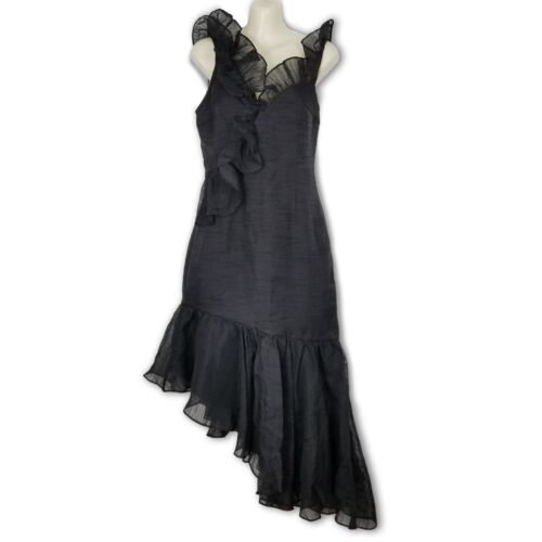Keepsake Black Sleeveless Asymmetrical Hem Women's Midi Dress Ruffled Neck XS